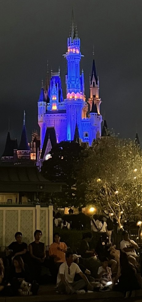 Nighttime View of Cinderella Castle at Tokyo Disneyland Cinderella Castle at Tokyo Disneyland glowing in purple and blue lights during nighttime, with guests seated in the foreground