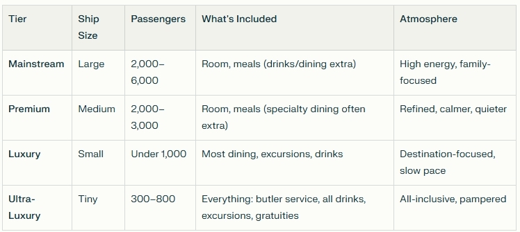 Cruise line tiers comparison table: mainstream vs premium vs luxury vs ultra-luxury by ship size, passengers, inclusions, and atmosphere.
