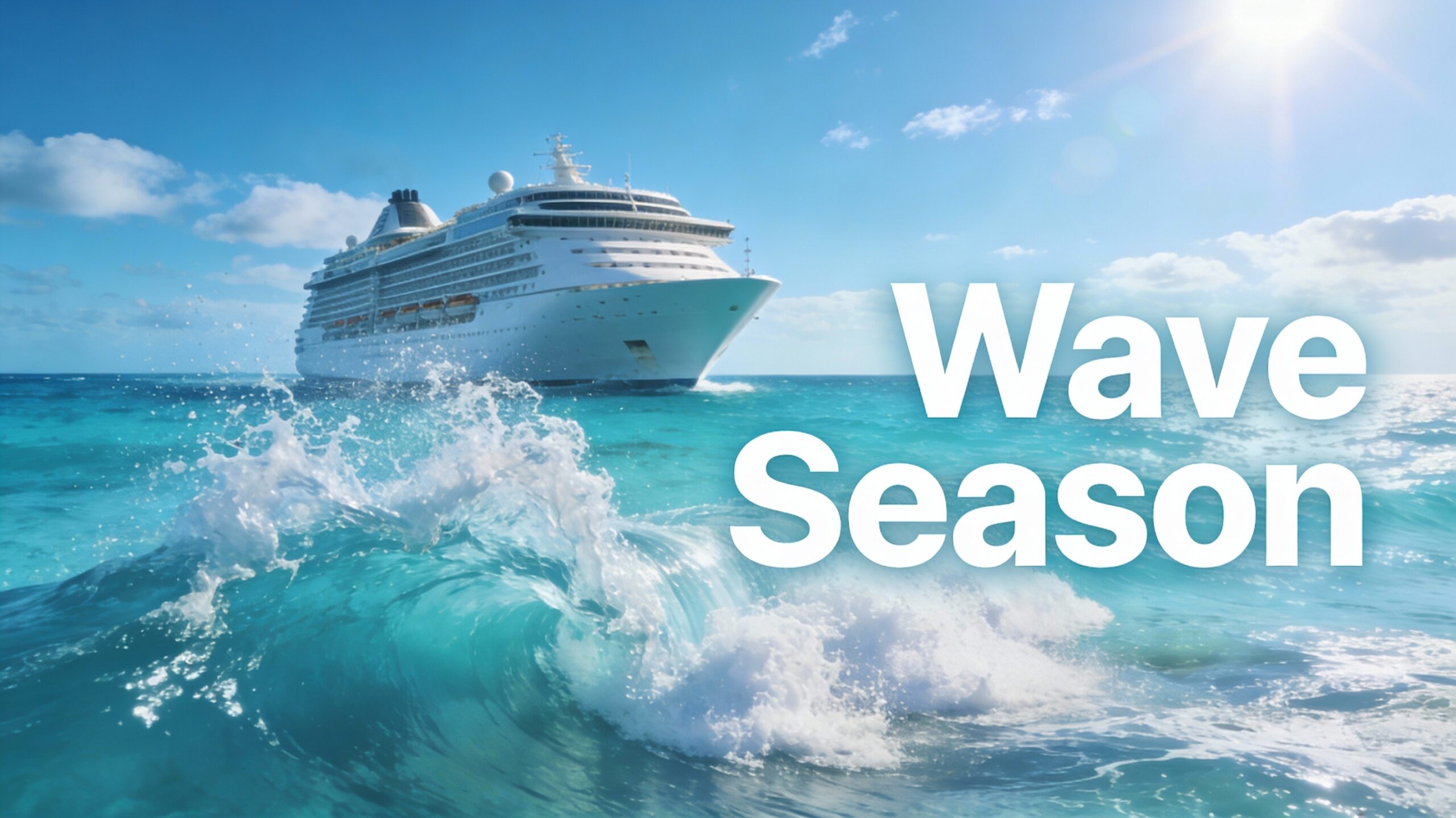 Luxury cruise ship sailing through vibrant turquoise waters representing early Wave Season 2026 deals