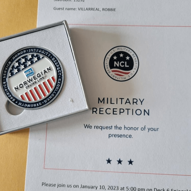 Norwegian Cruise Line Military Reception Veteran Pin Norwegian Cruise Line military reception invitation with NCL veteran appreciation pin. Part of blog post on Silver Cove Great Stirrup Cay Spa Hack.