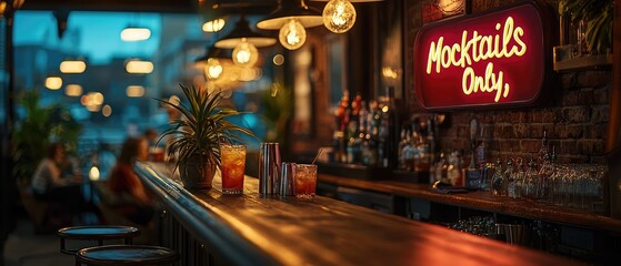 A bar with a neon sign that says "Mocktails only."