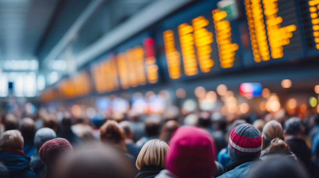 Avoid stress by traveling early to your cruise and avoiding first-time cruise mistakes. AI generated image of busy airport with delays. Adobe stock photo.
