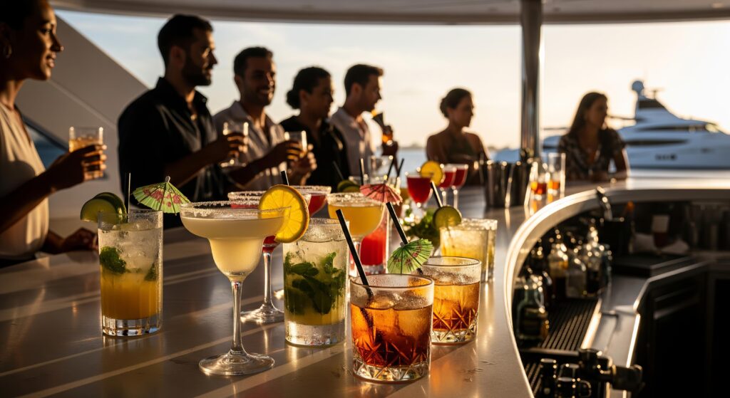 Bar with cocktails on cruise ship photo part of an article explore Are Cruise Drink Packages Worth It?