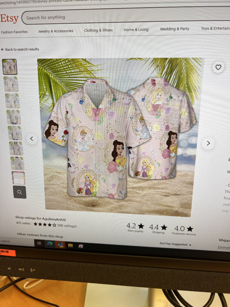 Example of a Disney princess themed Hawaiian shirt listing on Etsy