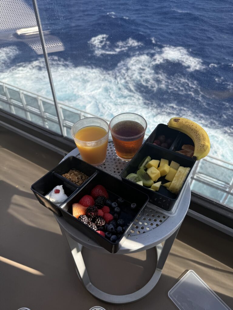 Enjoying Brunch on the Central Sea Terrace While Cruising on the Virgin Voyages Scarlet Lady With Views of the Ocean on a Sea Day