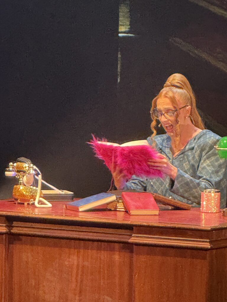Evening Performance Onboard With a Lively Character Reading a Bright Pink Book During a Show on Virgin Voyages Scarlet Lady Cruise