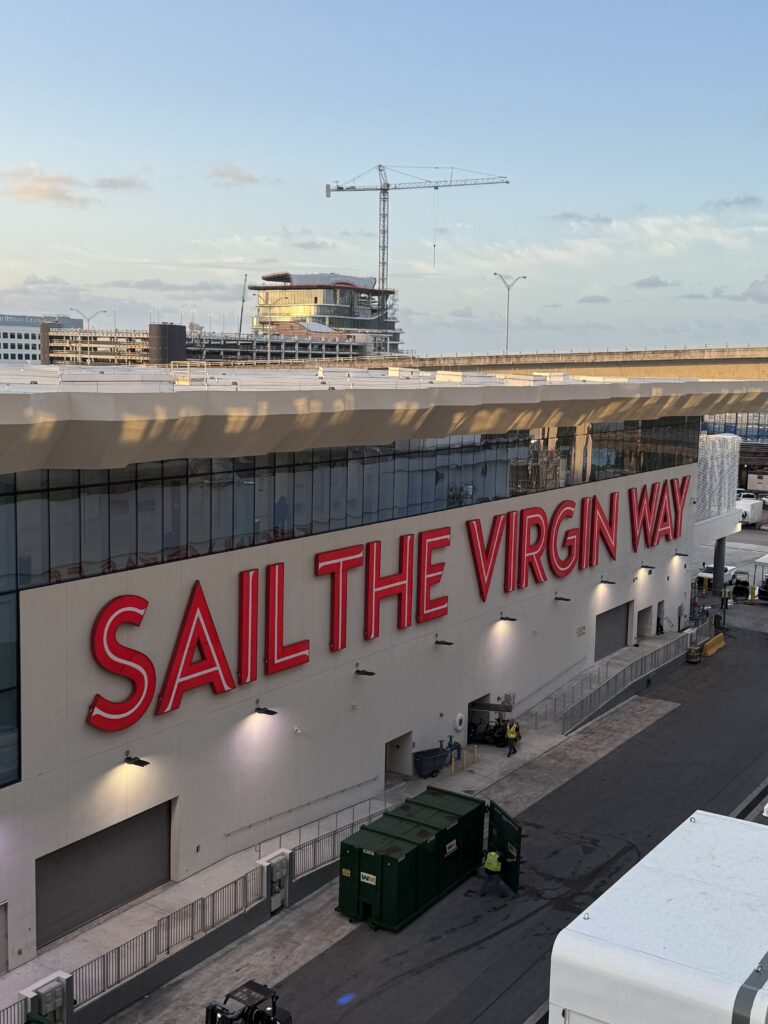 Sail the Virgin Way Sign at the Miami Cruise Terminal on Embarkation Day for Virgin Voyages Scarlet Lady Cruise