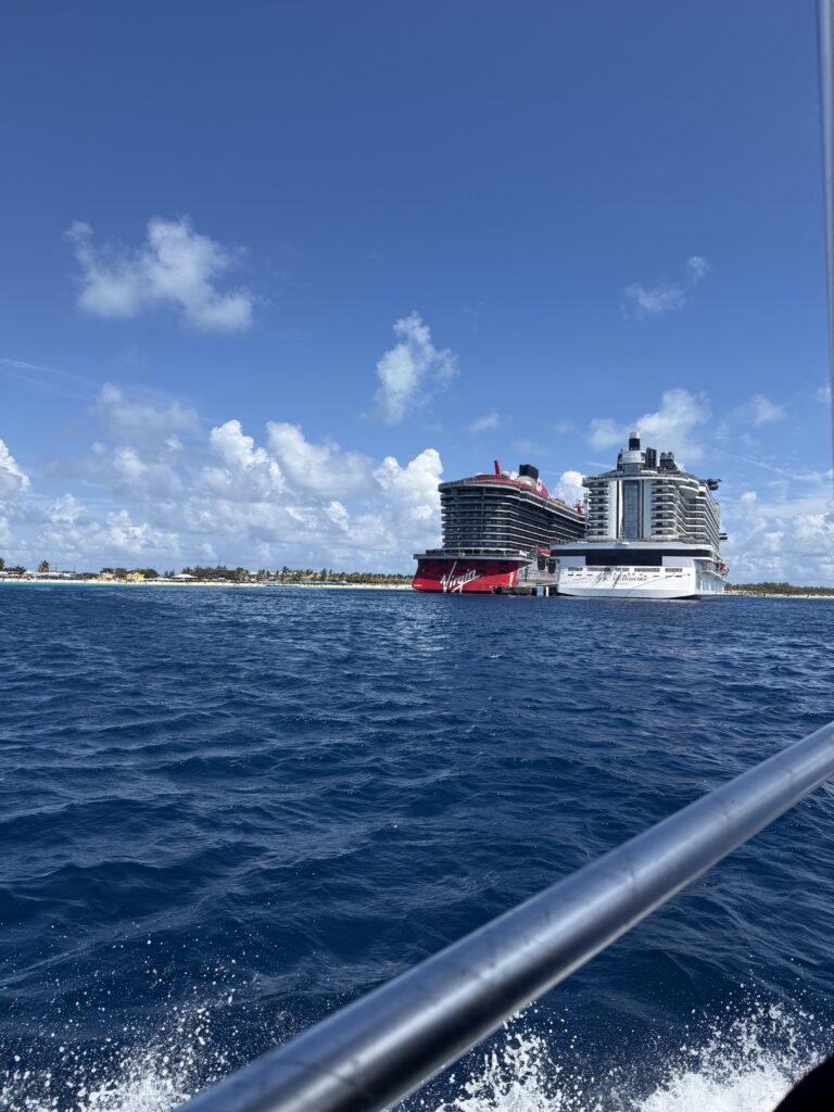 View of Virgin Voyages Scarlet Lady From a Boat While Approaching the Cruise on a Sunny Day in Bimini